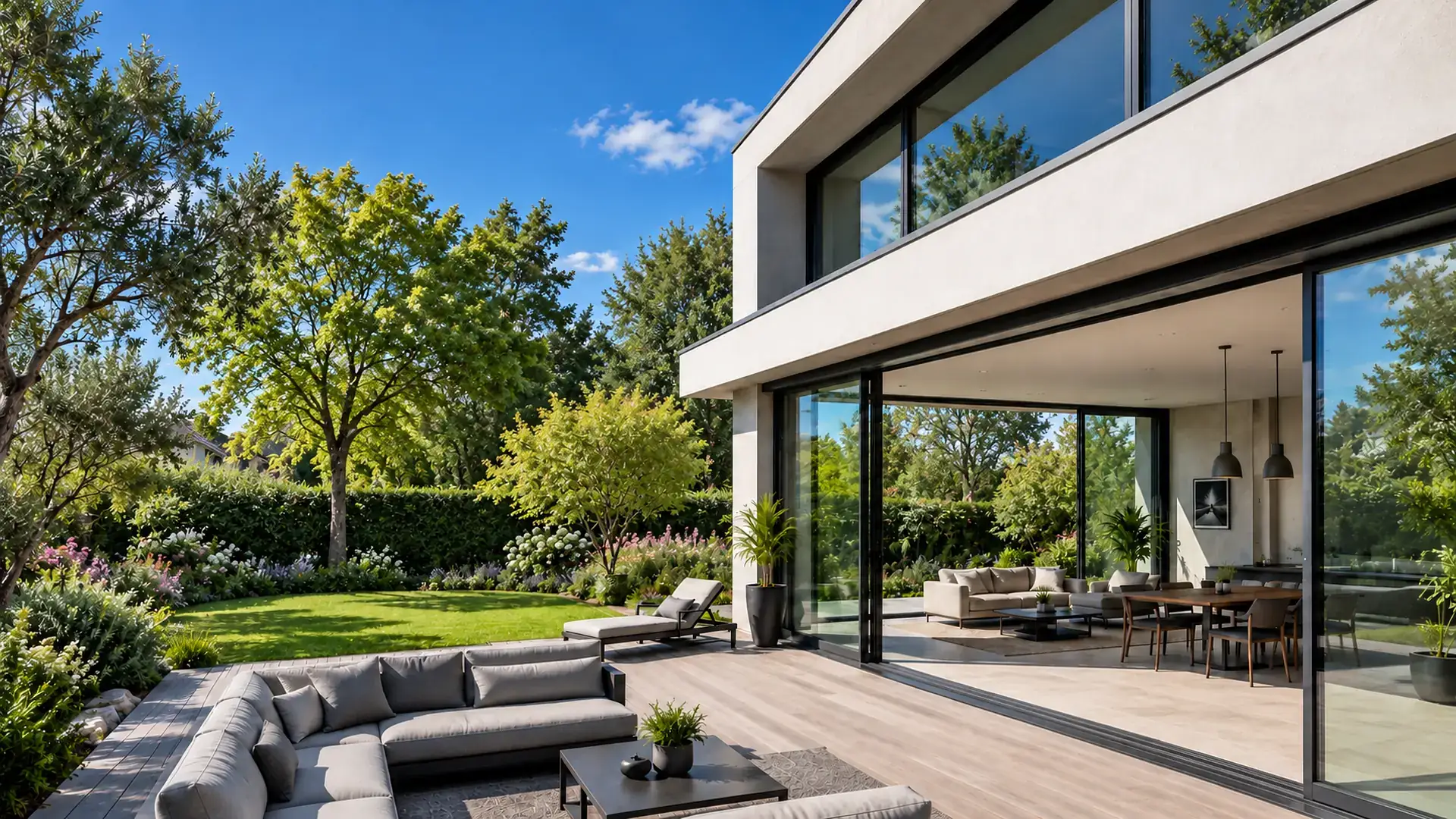 Grande baie vitrée coulissante en aluminium noir ouverte sur une terrasse et un jardin, maison contemporaine équipée de fenêtres à profils fins