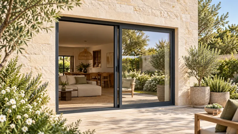 Baie vitrée coulissante aluminium anthracite ouvrant sur une terrasse en pierre claire