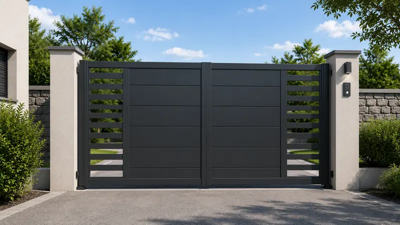 Portail battant aluminium anthracite entre deux piliers enduits