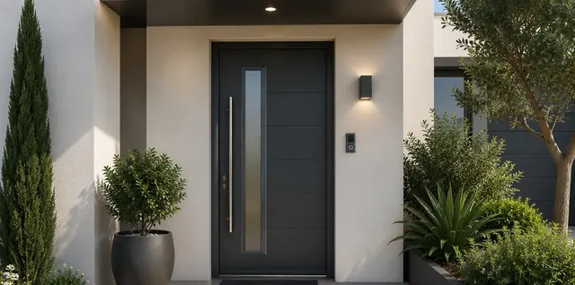 Porte d'entrée aluminium anthracite avec vitrage vertical et barre de tirage